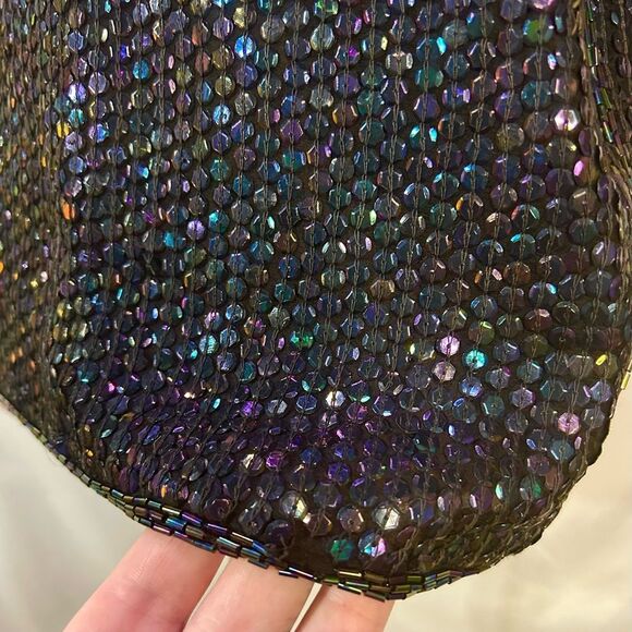 Vintage Black Beaded Blouse 100% Silk Sequin Rainbow Sparkly Retro 80s Sz Medium - Picture 11 of 12